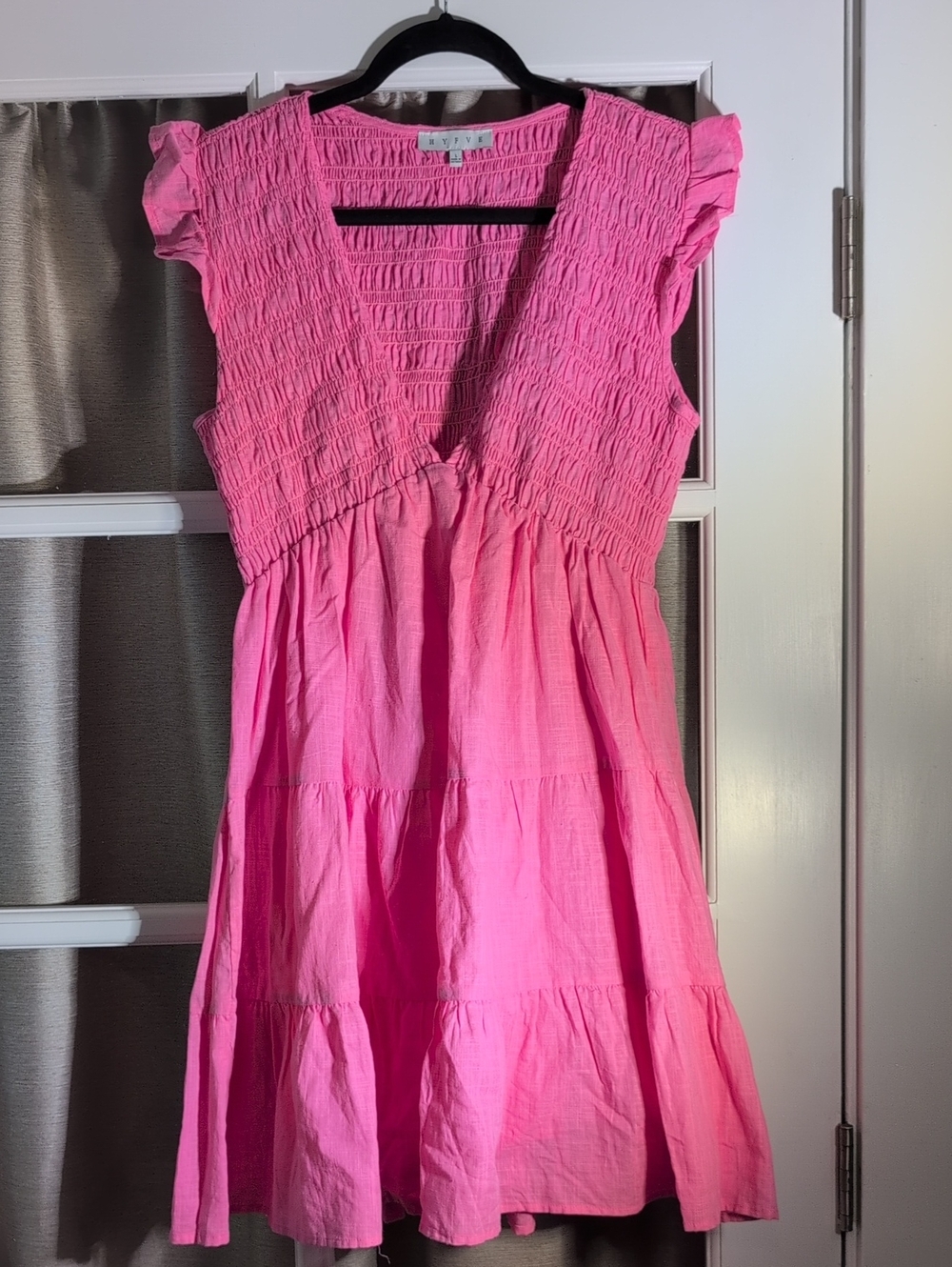 HYFVE Pink Smocked V-Neck Tiered Ruffle Sleeve Dress - Picture 1 of 6